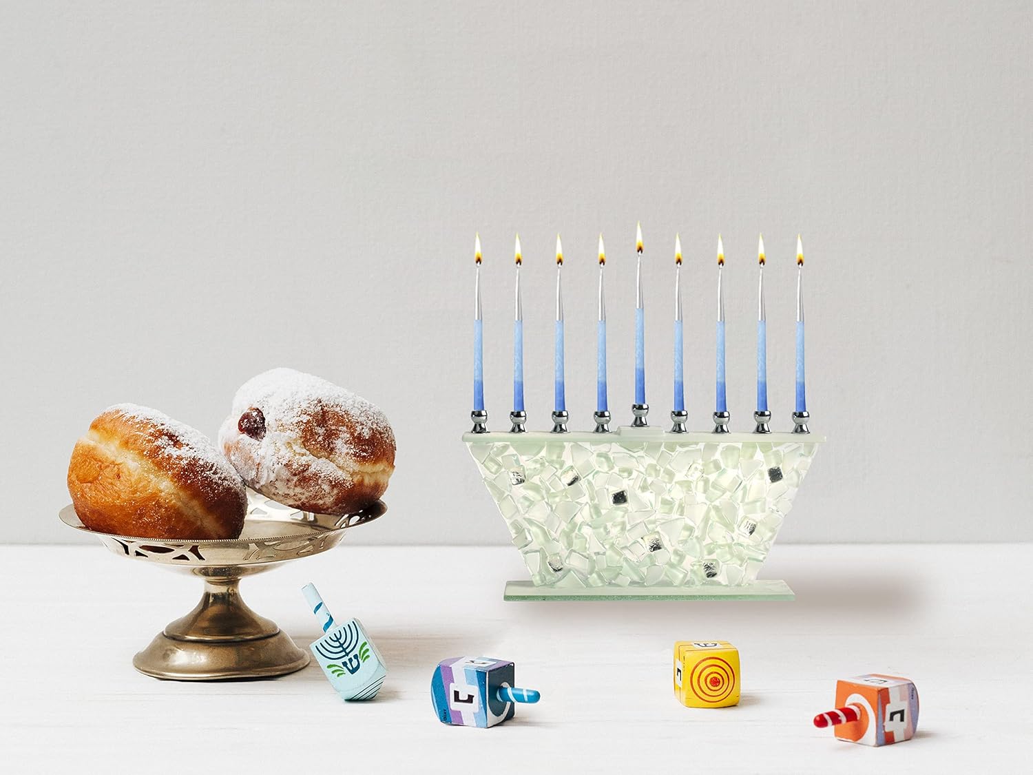 Hanukkah Menorah - White Shattered Glass - Handcrafted Painted Glass - Fits All Standard Chanukah Candles