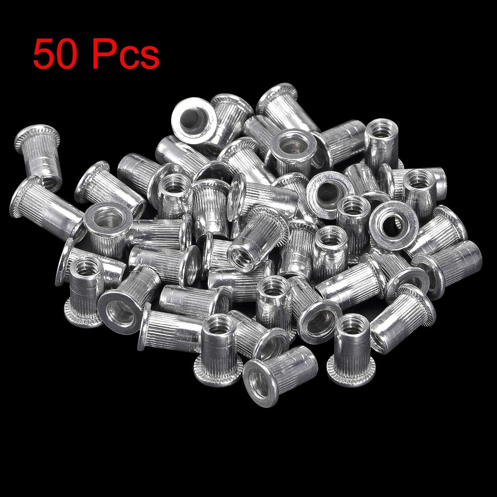 uxcell #6-32 Rivet Nuts Aluminium Alloy Knurled Flat Head Threaded Insert Nut Silver 50pcs