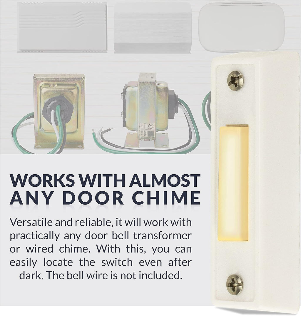 LED Lighted Sturdy Plastic Door Chime Push Button BT3WL White | Classic Rectangular Lighted Door Bell Button |