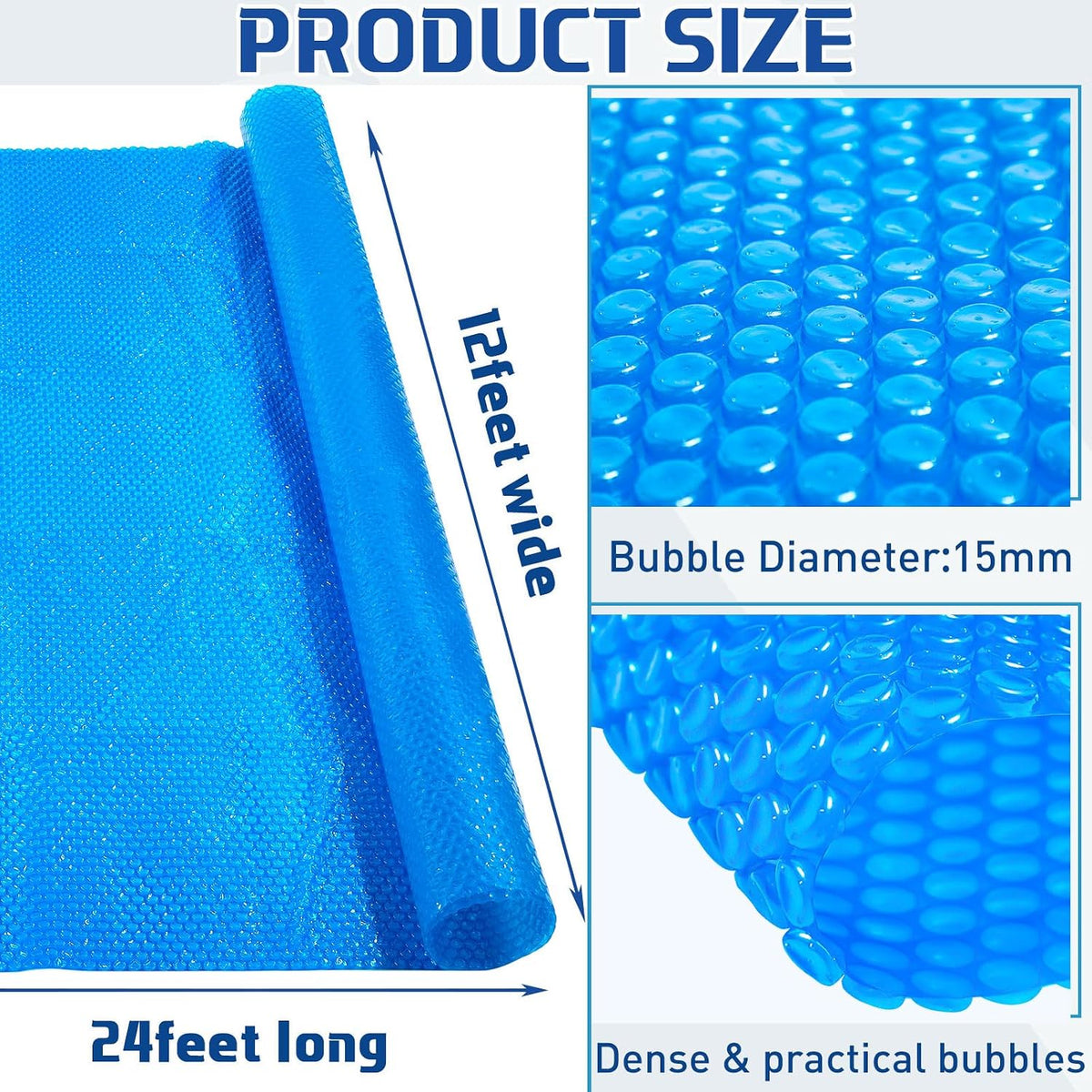 12 x 24 ft Blue Rectangle Solar Pool Cover 16 Mil Solar Blanket for Above Ground Inground Pools Heavy Duty Floating