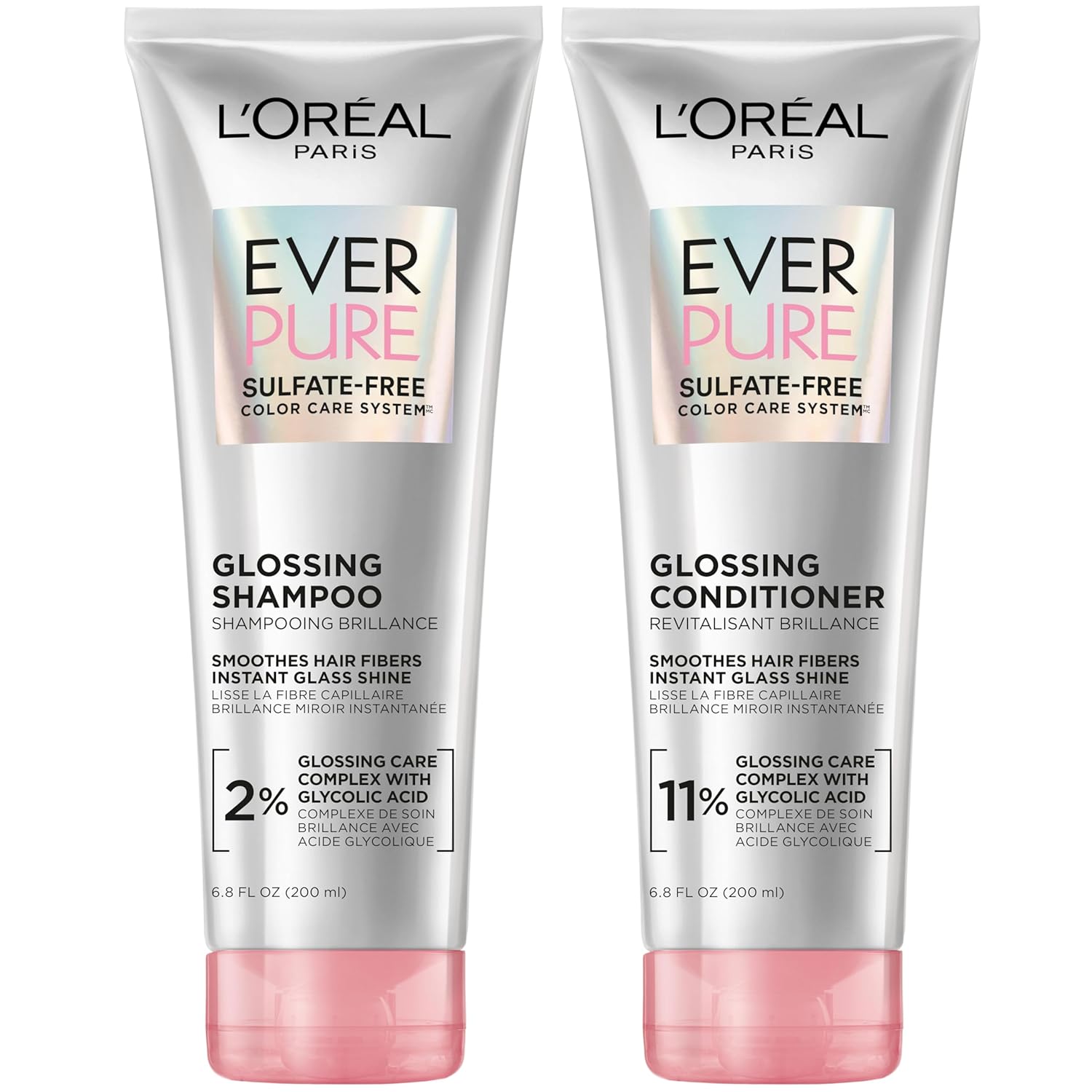 L’Oreal Paris Sulfate Free Glossing Shampoo and Conditioner Set with Glycolic Acid, Provides Intense Glass Shine &