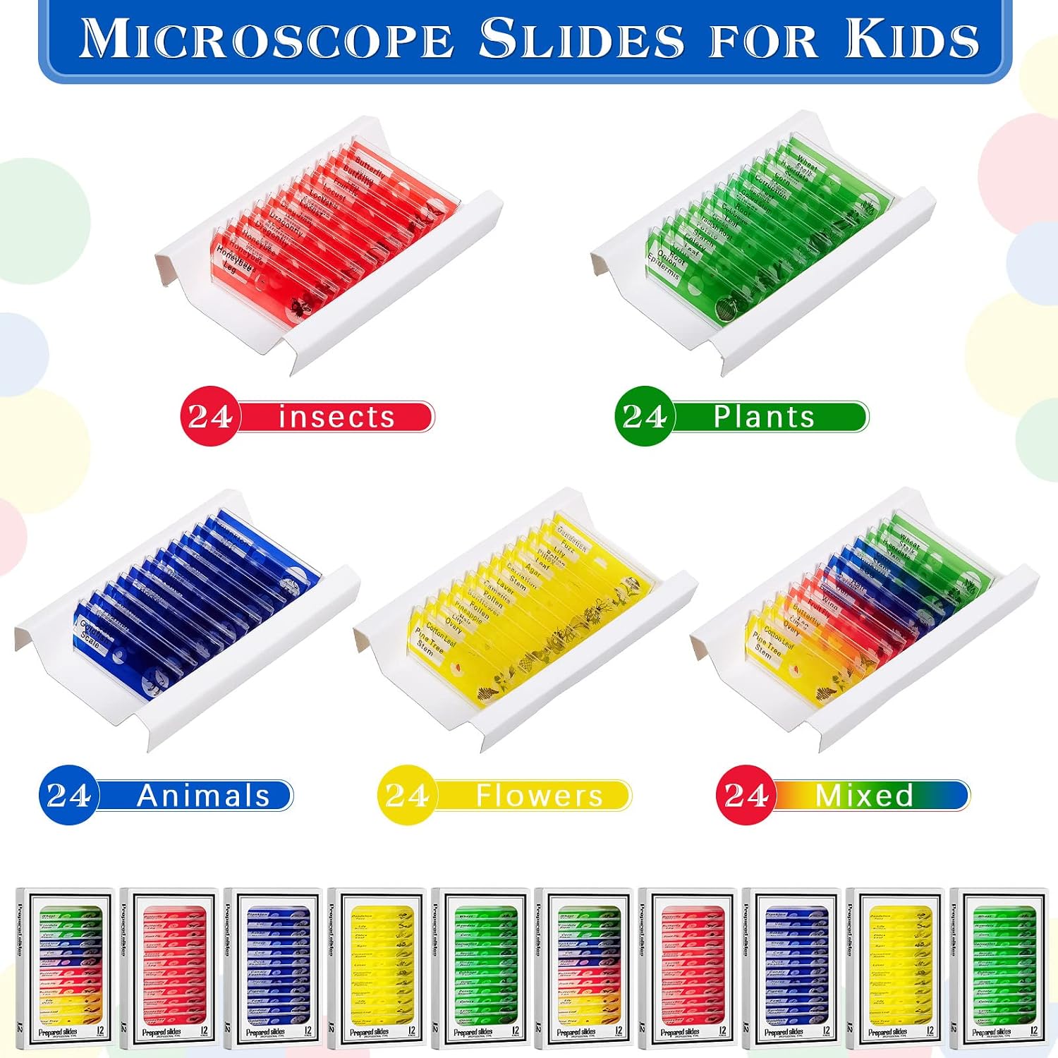 120 Pcs Prepared Microscope Slides, 48 Different Patterns Animals Plants Insects Specimens for Kids, Students Biology