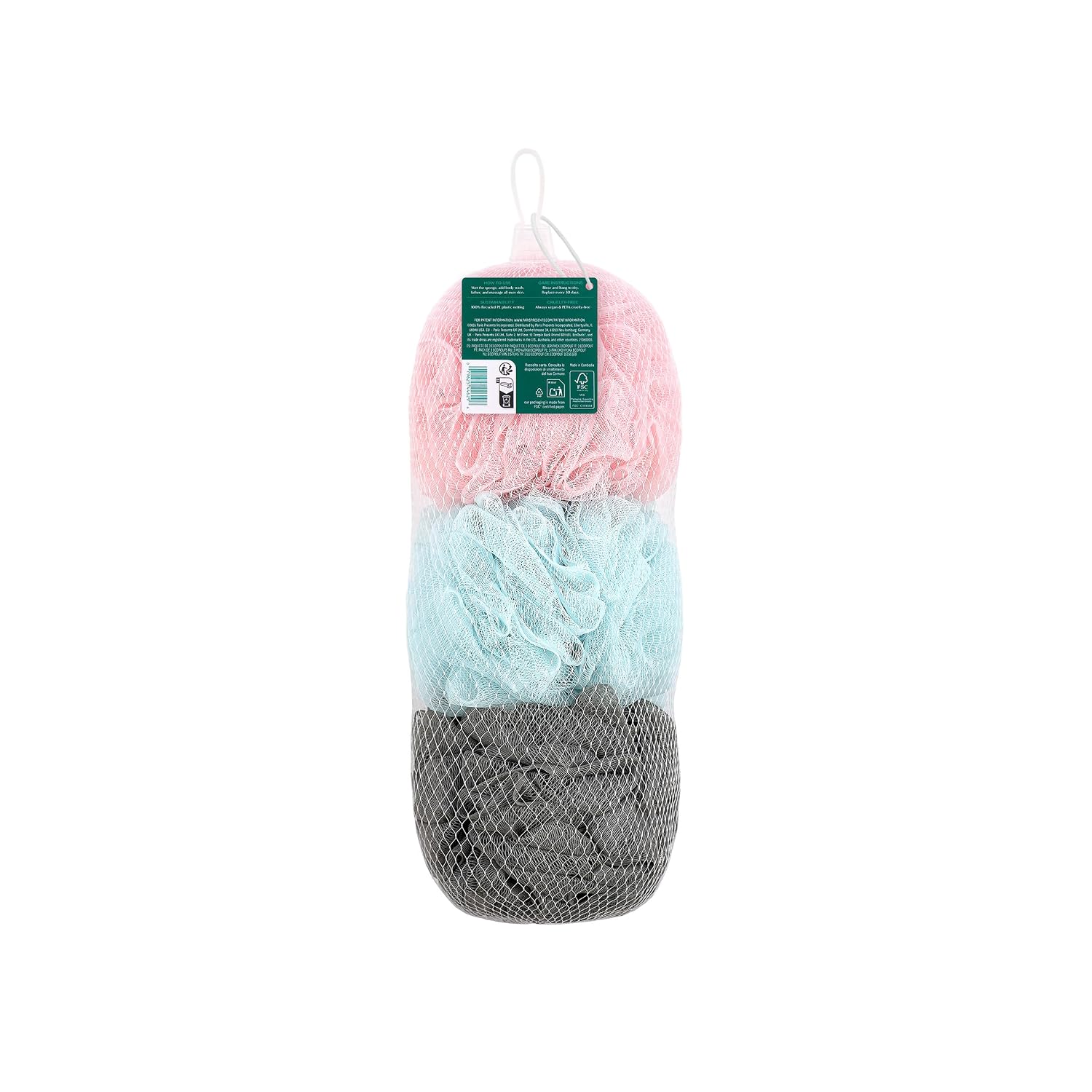 EcoPouf 3 Pack Bath Sponge Set, Soft Recycled Netting Shower Poufs for Gentle Exfoliating & Daily Body Cleansing