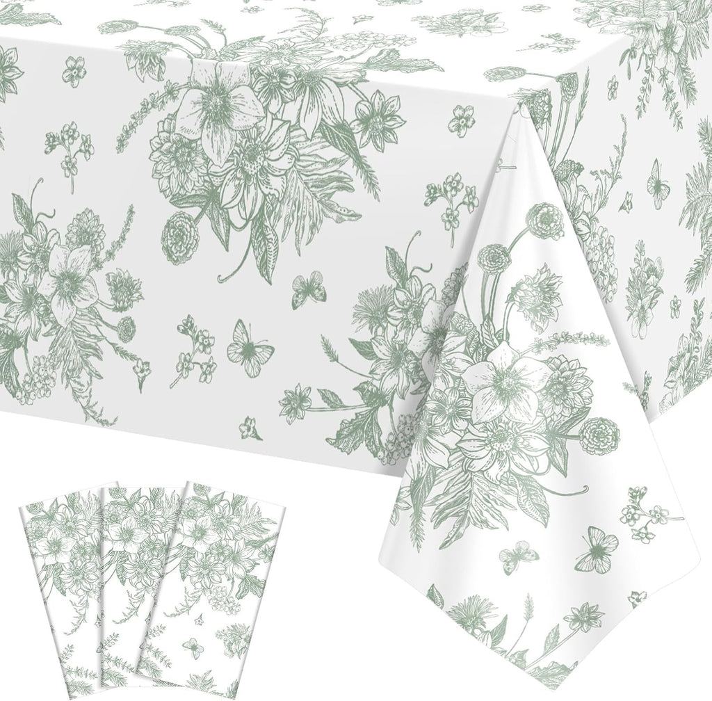 3 Pack Sage Green Floral Plastic Tablecloths, Tea Party Tablecloth