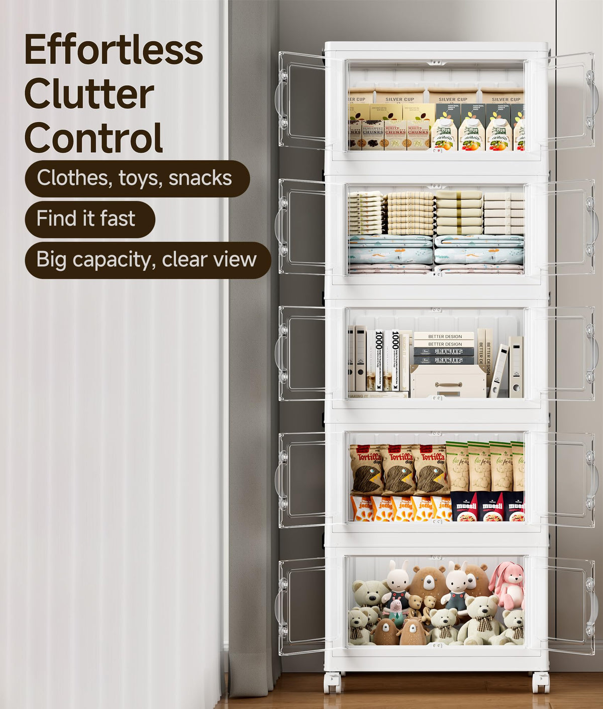 175 QT Stackable Storage Bins with Lids, 5 Tier Collapsible Plastic Storage Cabinet with Magnetic Doors, Removable