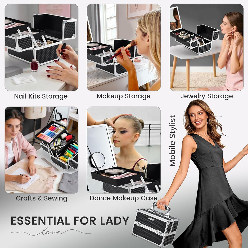 Makeup Box Cosmetic Train Case Portable Makeup Organizer Case with Mirror 2 Tray Make up Storage Case for Nail Teach