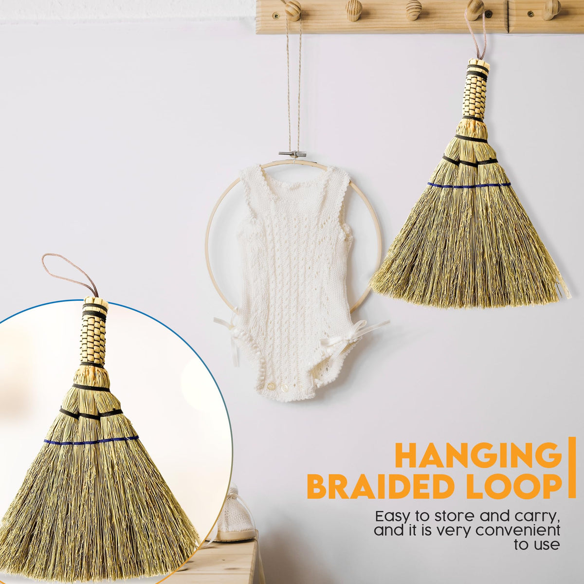 Handmade Whisk Broom, 12-Inch Stiff Sorghum, Bamboo Handle
