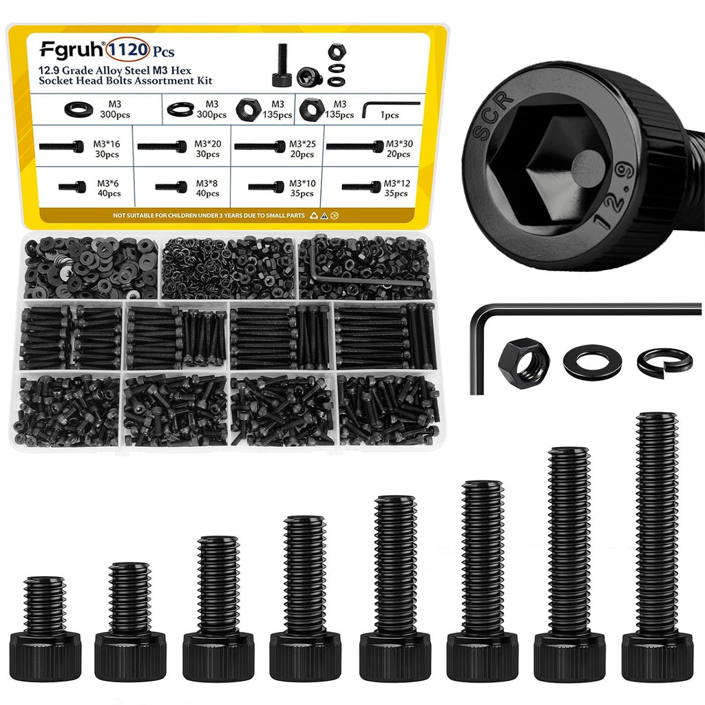 1120PCS M3 Socket Screws Assortment Kit,M3x6/8/10/12/16/20/25/30 mm