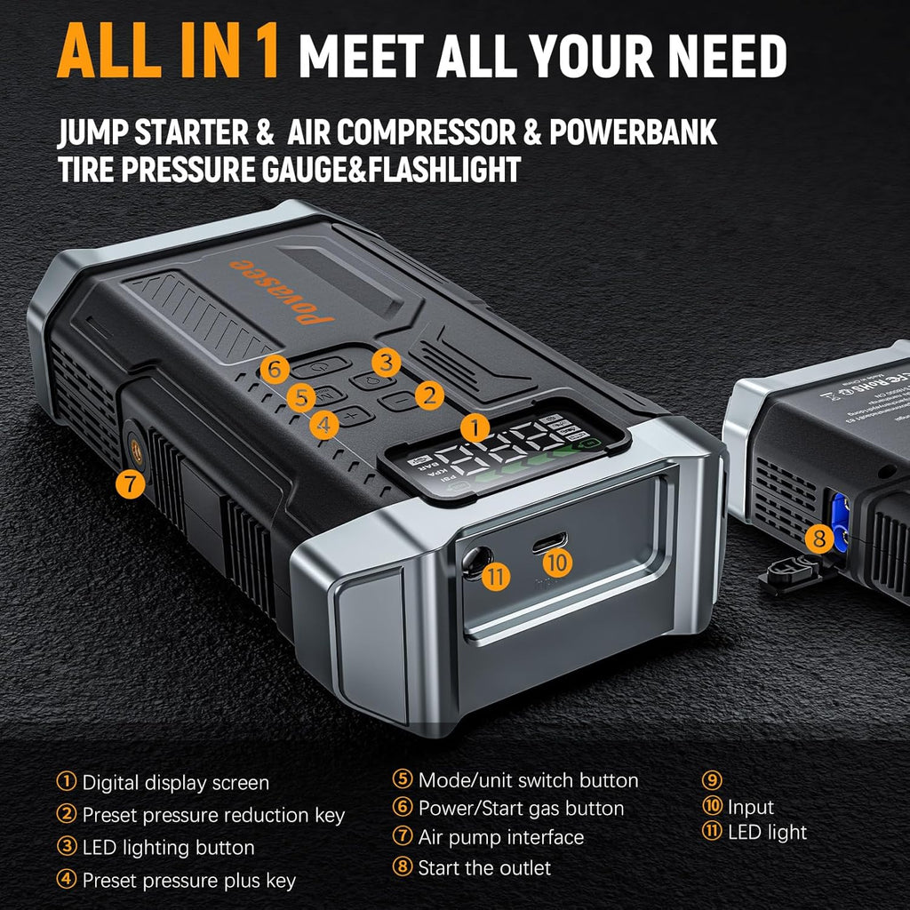 [2026NEW Model] 5000A Jump Starter with Air Compressor,Car Jumper Starter Portable with 150PSI Tire Inflator 12V Jump
