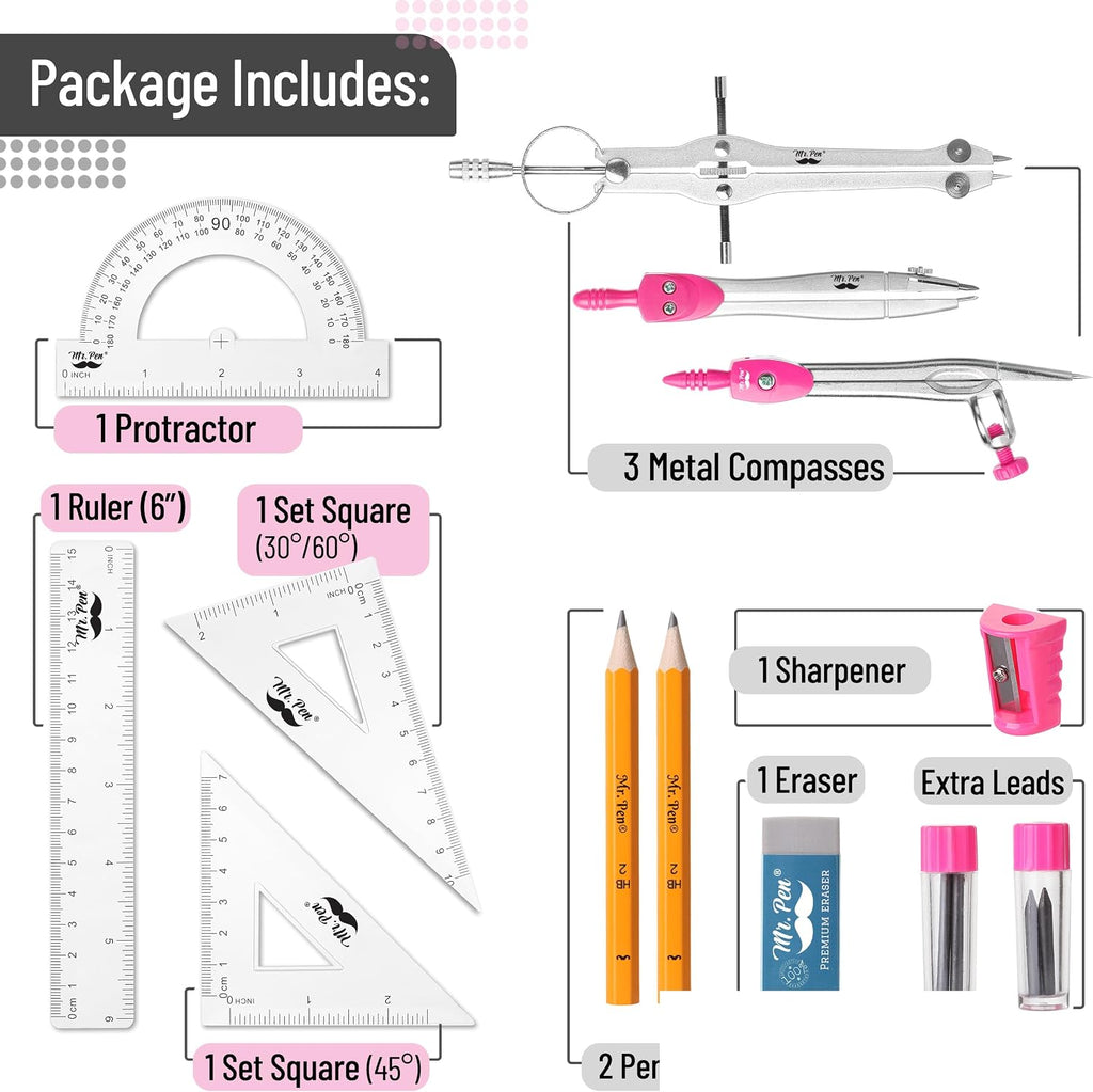 Geometry Set, 13 pcs, 3 Metal Compasses, Protractor, 6" Ruler | 45° & 30°/60° Set Squares, Pencils, Lead Refills