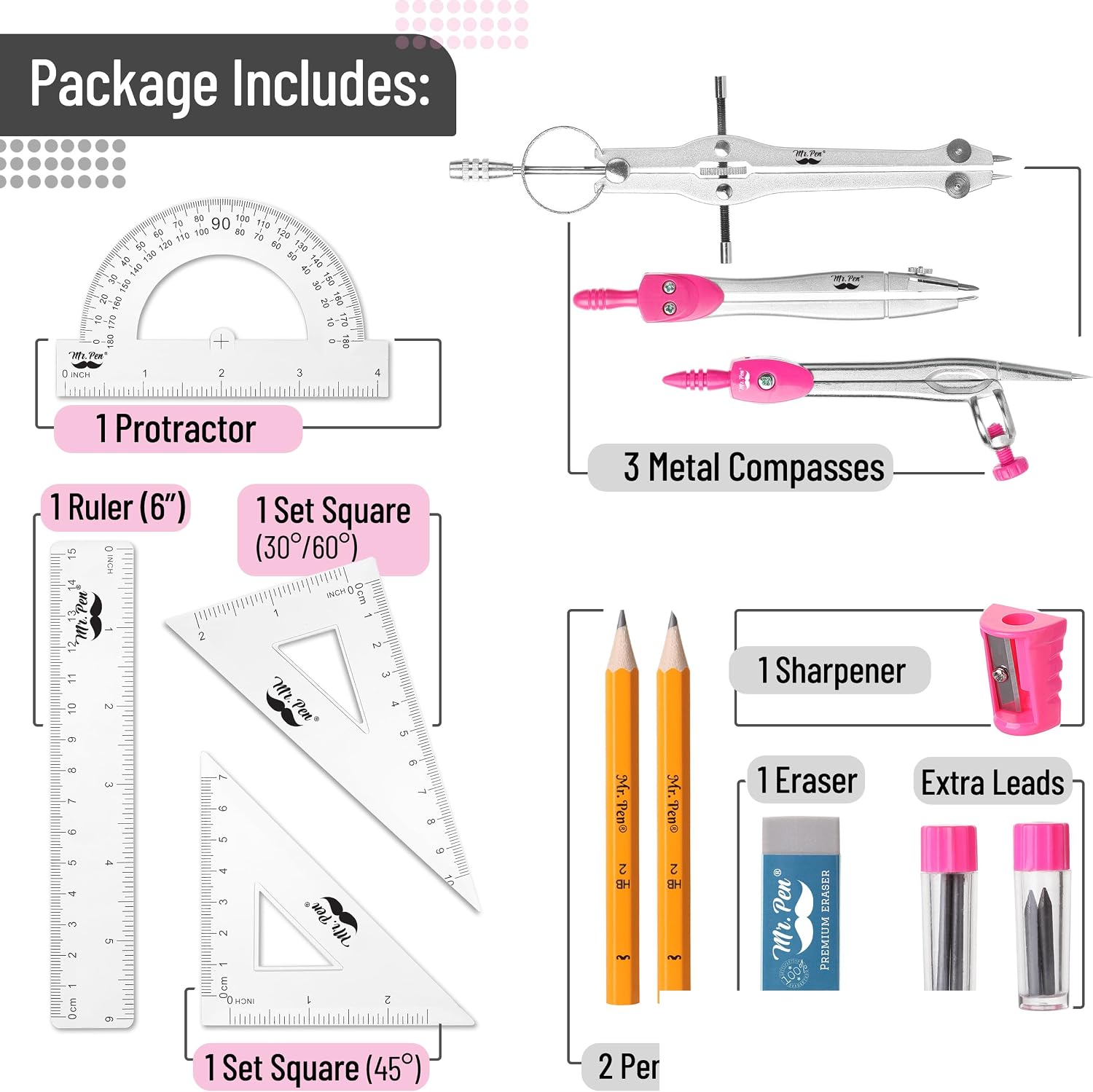 Geometry Set, 13 pcs, 3 Metal Compasses, Protractor, 6" Ruler | 45° & 30°/60° Set Squares, Pencils, Lead Refills