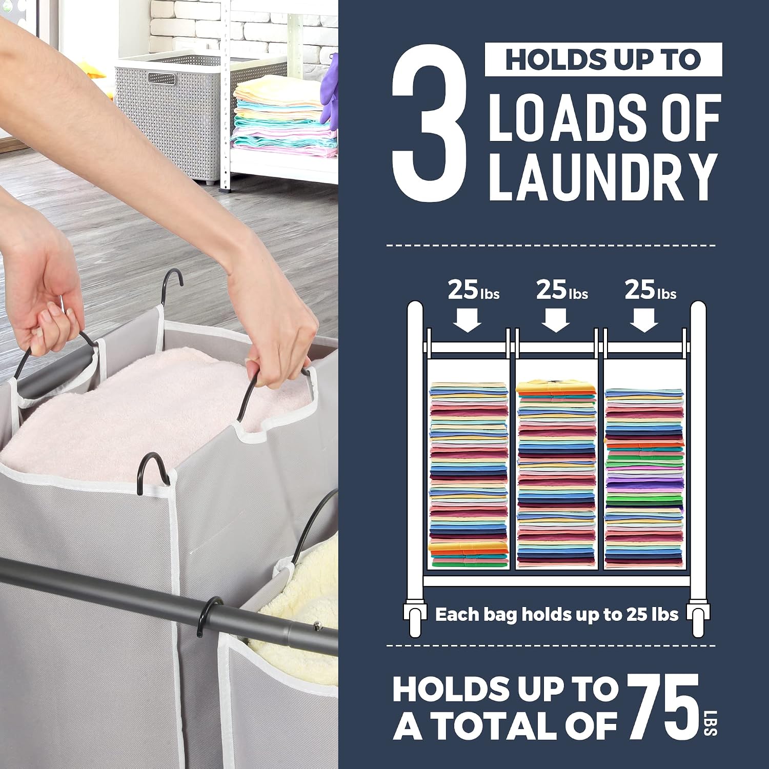 Laundry Sorter 3 Section, 3 Bag Clothes Hamper, Rolling Laundry Cart Basket with Heavy Duty Lockable Wheels and