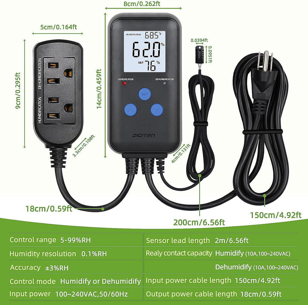 Humidity Controller with Temperature Display for Reptile, Mushroom | Pre-Wired Digital Humidistat, Dual-Stage Outlet