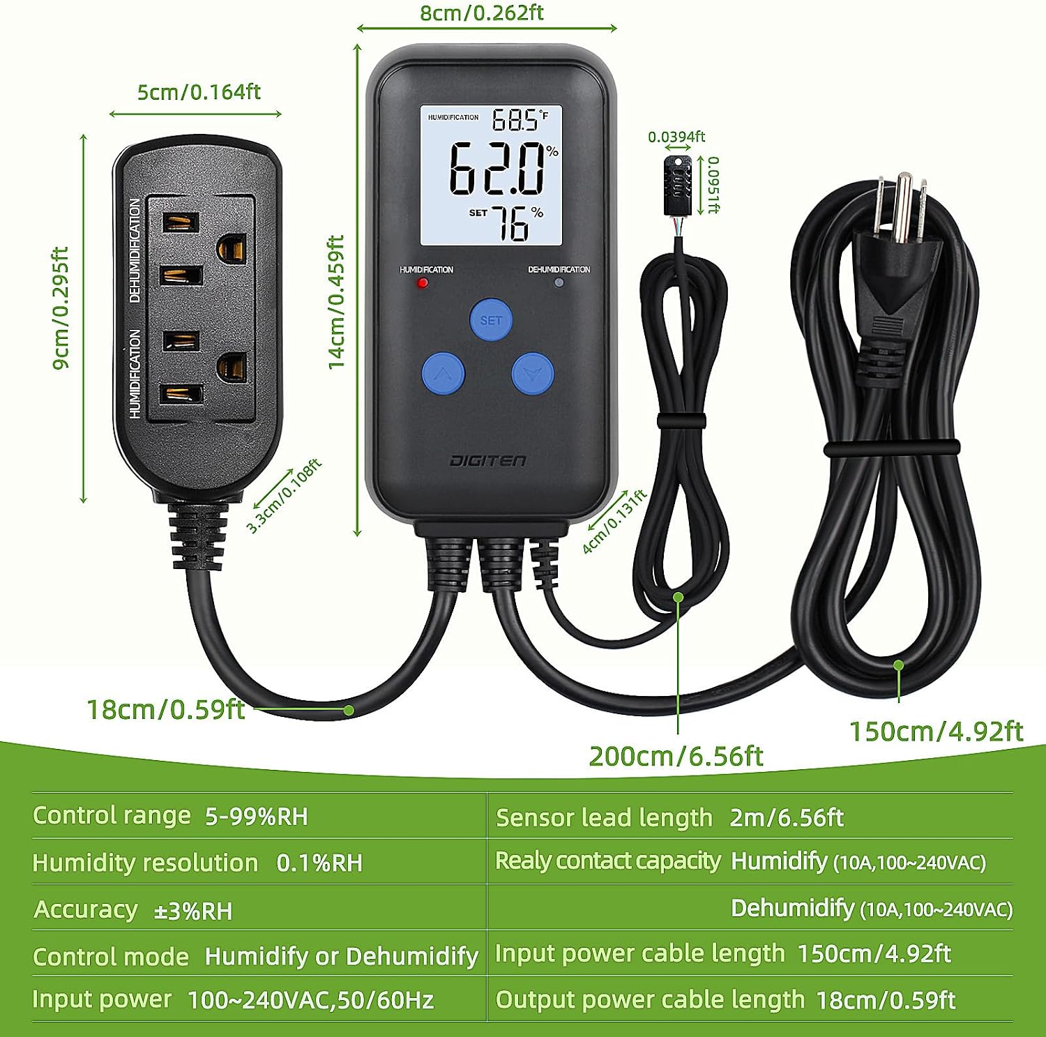 Humidity Controller with Temperature Display for Reptile, Mushroom | Pre-Wired Digital Humidistat, Dual-Stage Outlet