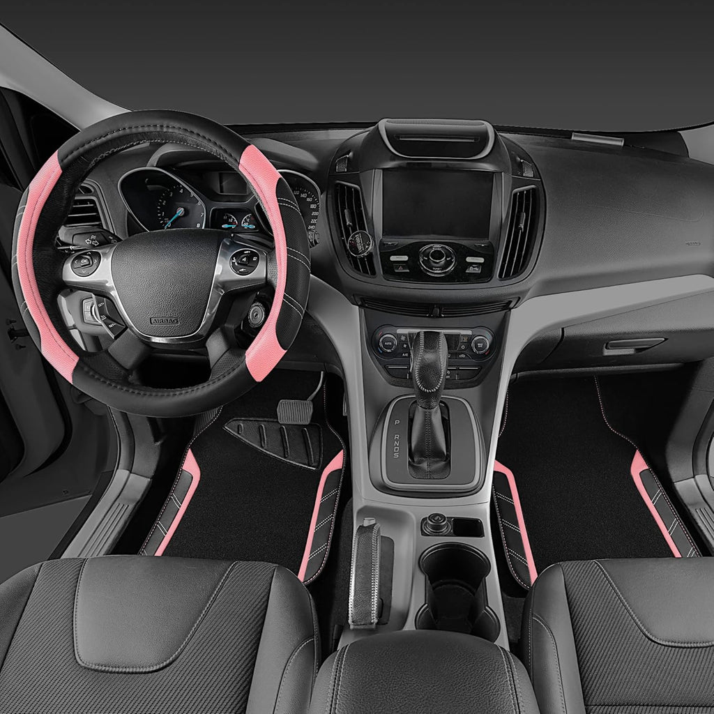 Microfiber Steering Wheel Cover and Waterproof Car Floor Mats,Leather Universal Car Combo Fit for 95%