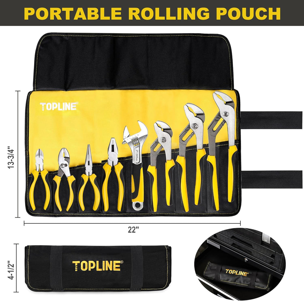 8-Piece Pliers and Wrench Set, 8” Adjustable Wrench, 12”, 10”, 8” Groove Joint, 7” Linesman, 6” Slip Joint, 6” Long