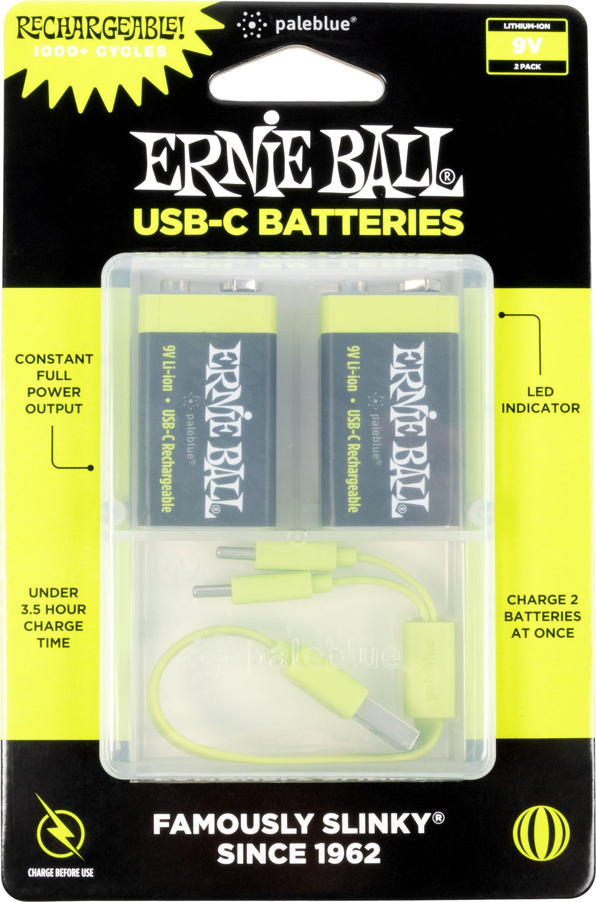 USB-C Rechargeable 9v Battery by Paleblue - 2-Pack