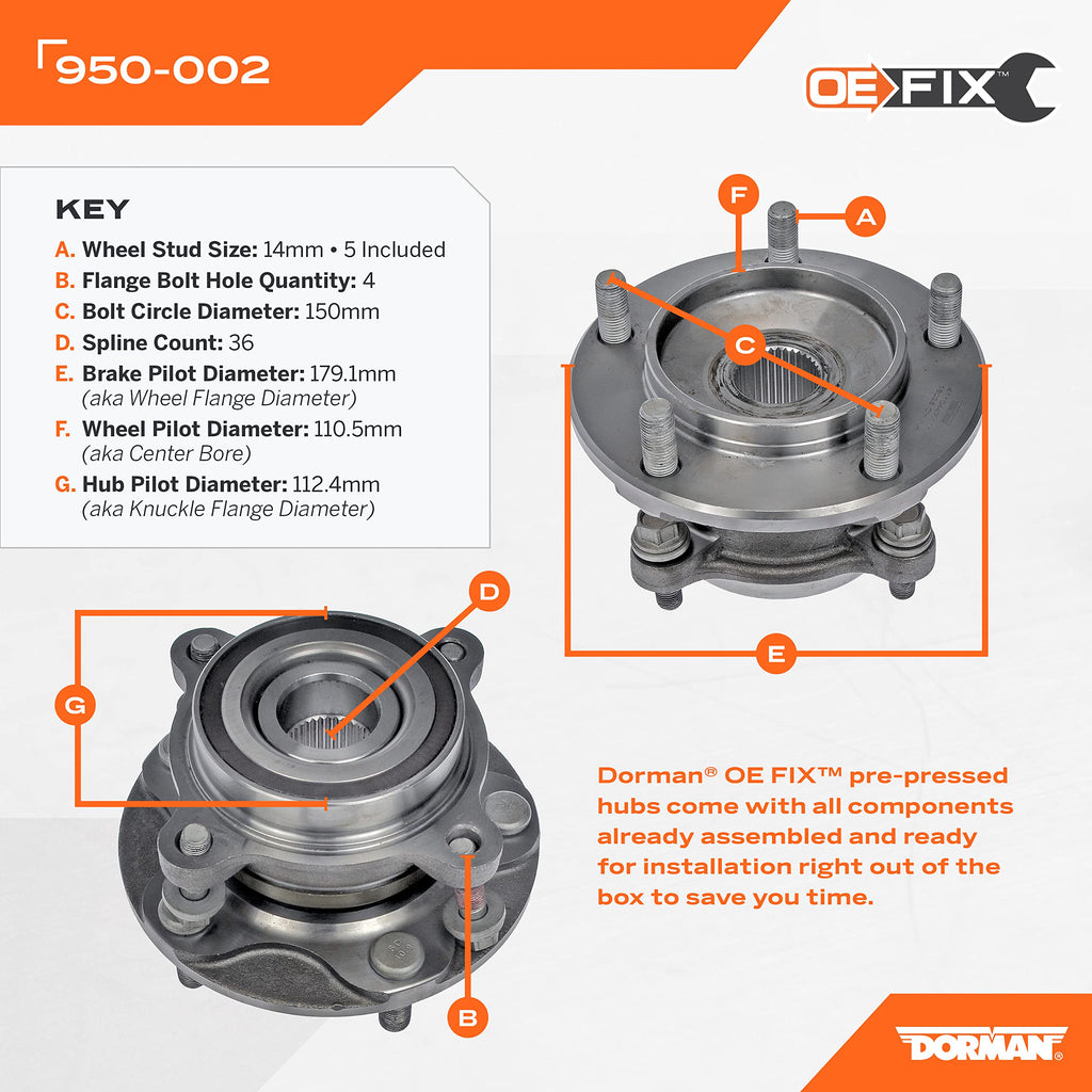 Dorman 950-002 Pre-Pressed Hub Assembly - Front Compatible with Select Toyota Models (OE FIX)