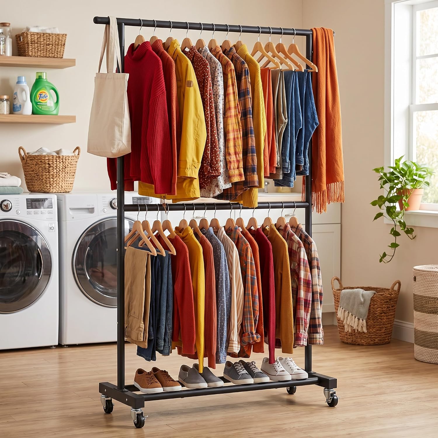 Double Rod Metal Clothing Garment Rack on Wheels, Black | Rolling Clothes Organizer, for Hanging Clothes,Coats,Easy