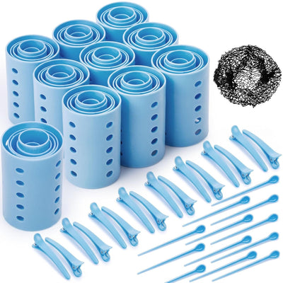 141 Pcs Plastic Hair Rollers Set with Clips and Pins,Baby Blue | No Heat Curlers for Sleeping, Bulk Styling Set