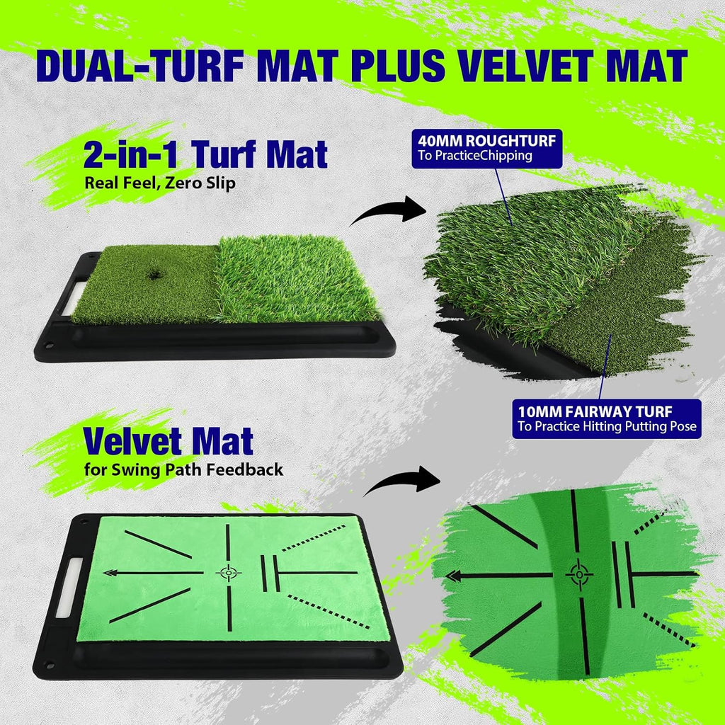 Golf Net, Pro-Grade 10x7 FT Practice Net Kit with 2-in-1 Replaceable Non-Slip Turf Mat, Golf Driving Nets for