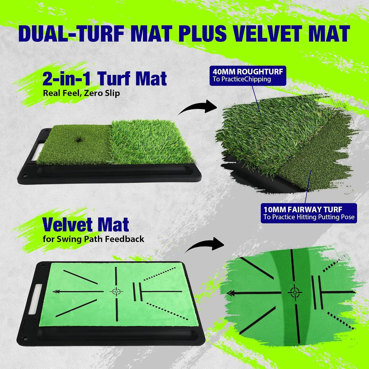 Golf Net, Pro-Grade 10x7 FT Practice Net Kit with 2-in-1 Replaceable Non-Slip Turf Mat, Golf Driving Nets for
