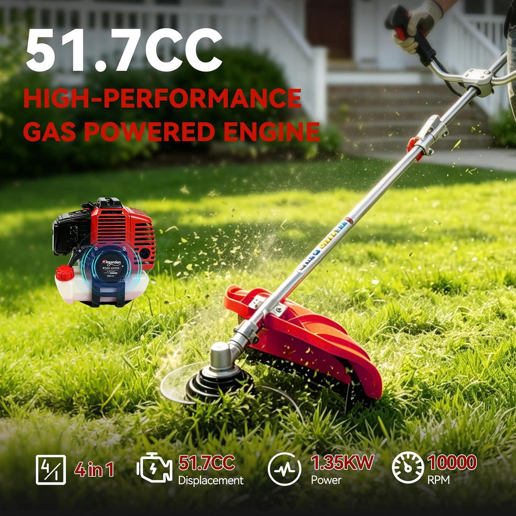 51.7CC 2-Cycle Gas Weed Wacker, Weed Eater & Brush Cutter, 4-in-1 Straight Shaft Gas Powered String Trimmer with