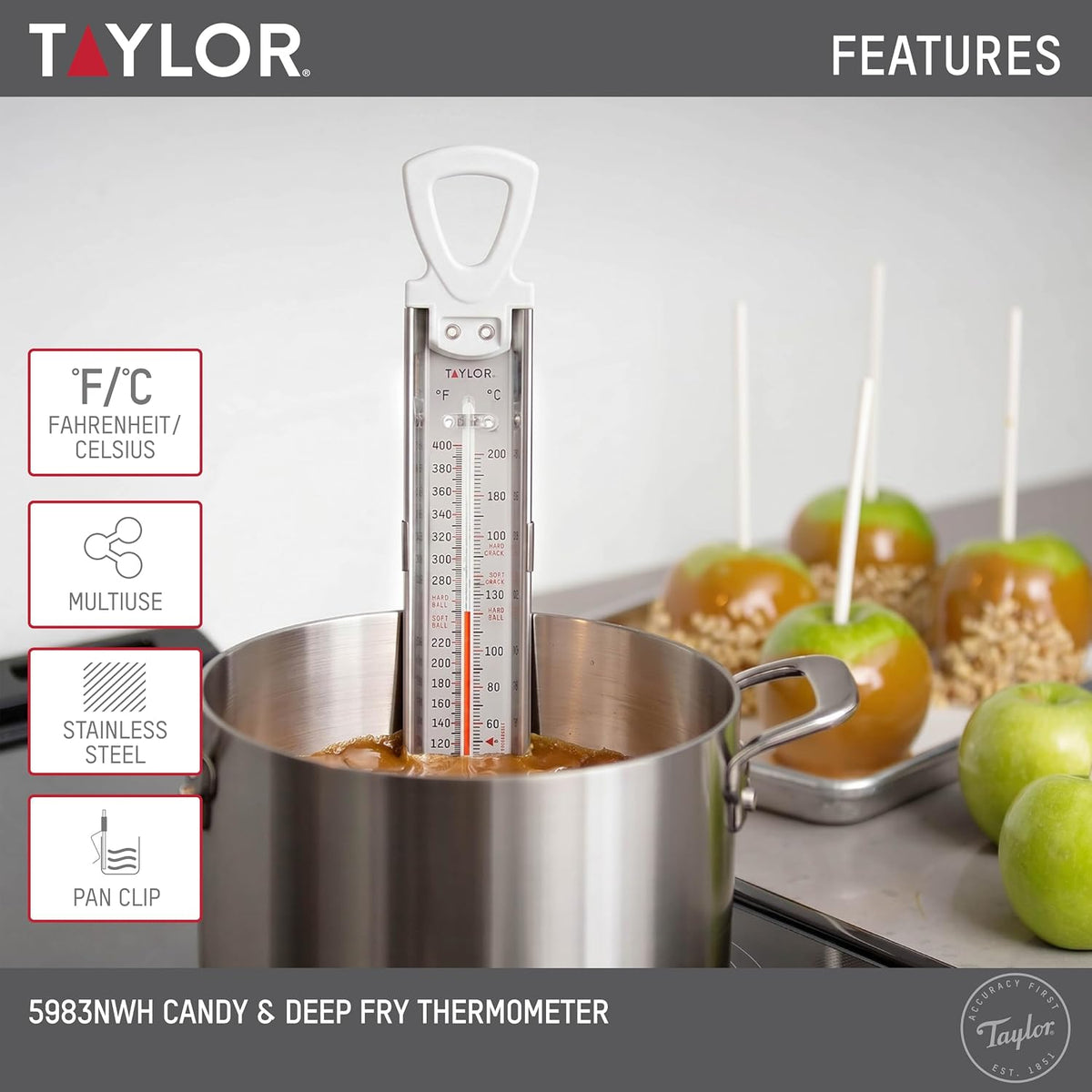 Stainless Steel Candy and Deep Fry Thermometer, 12-Inch Analog Paddle with Pan Clip, Ideal for Frying, Sugar