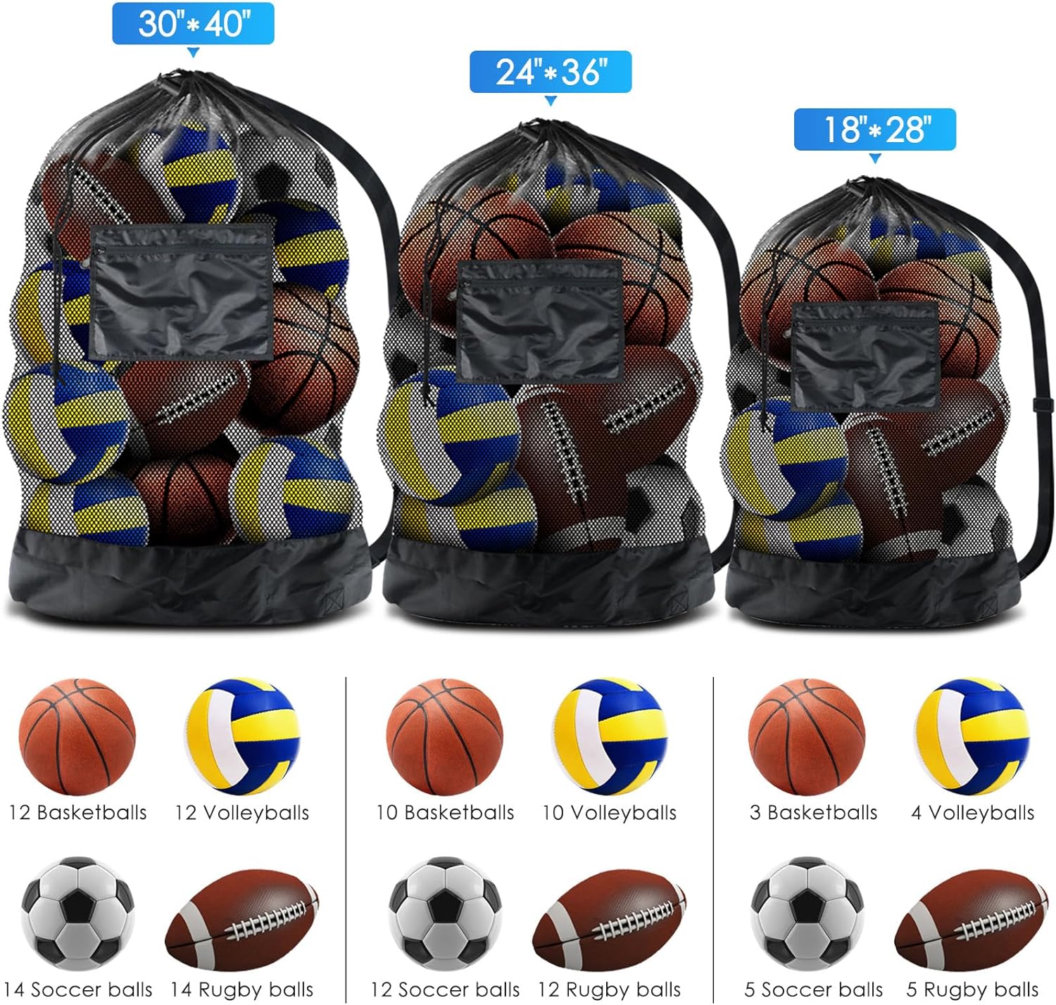 Extra Large Sports Ball Bag Mesh, 5PCS Soccer Ball Bag Heavy Duty Drawstring Bags, Team Work for Holding Basketball