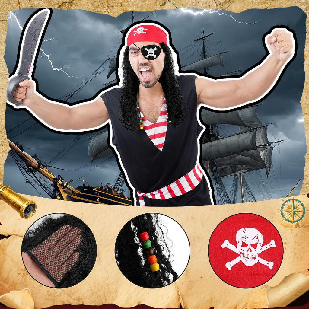 Pirate Costume Accessories Set for Women Men | Captain Hat, Bandana, Eyepatch, Earring, Necklace, Beard Wig, Dress Up