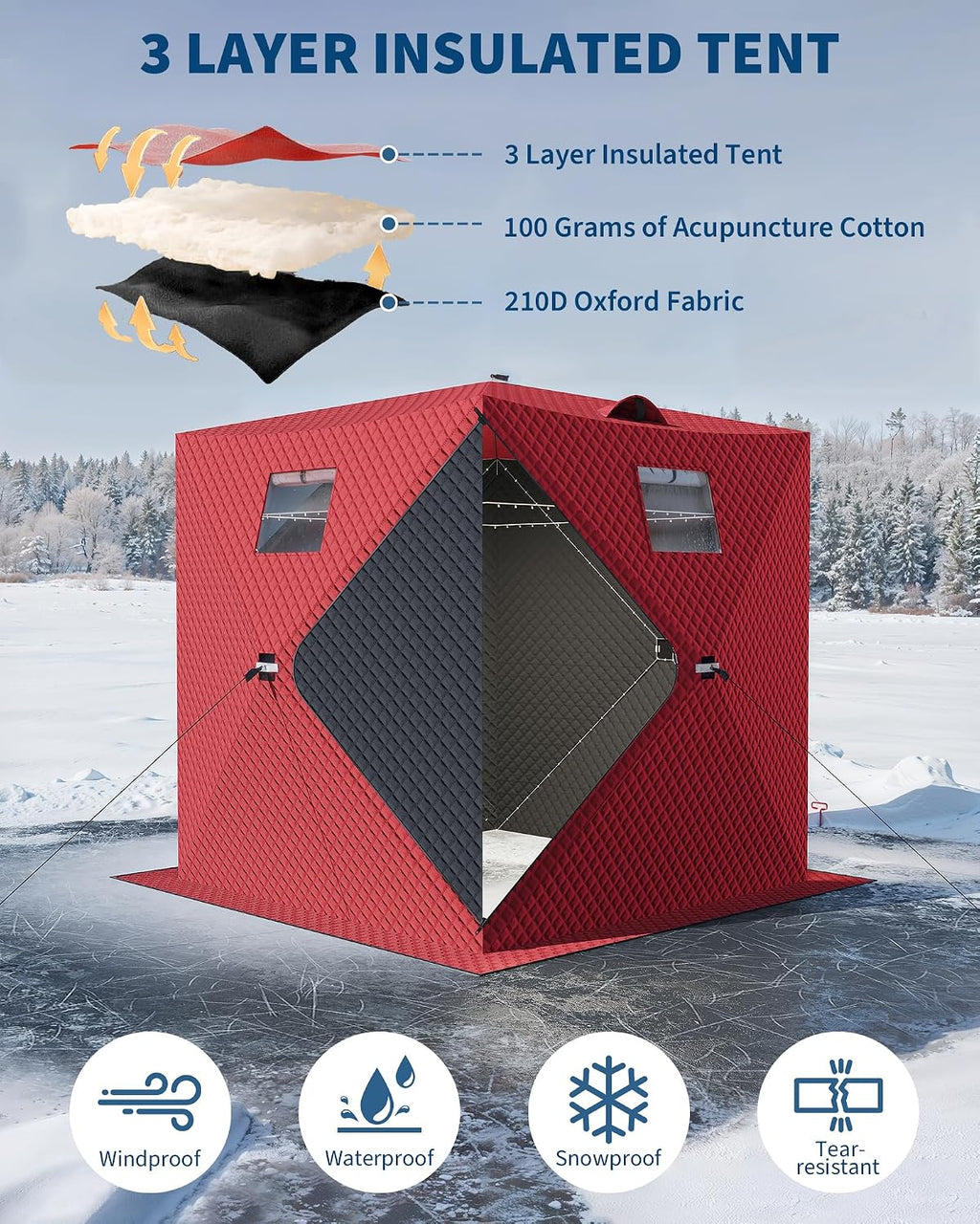 Pop-Up Ice Fishing Tent, 2 Person Portable Hub-Style Insulated Ice Fishing Shelter with Carrying Bag, Zippered Door