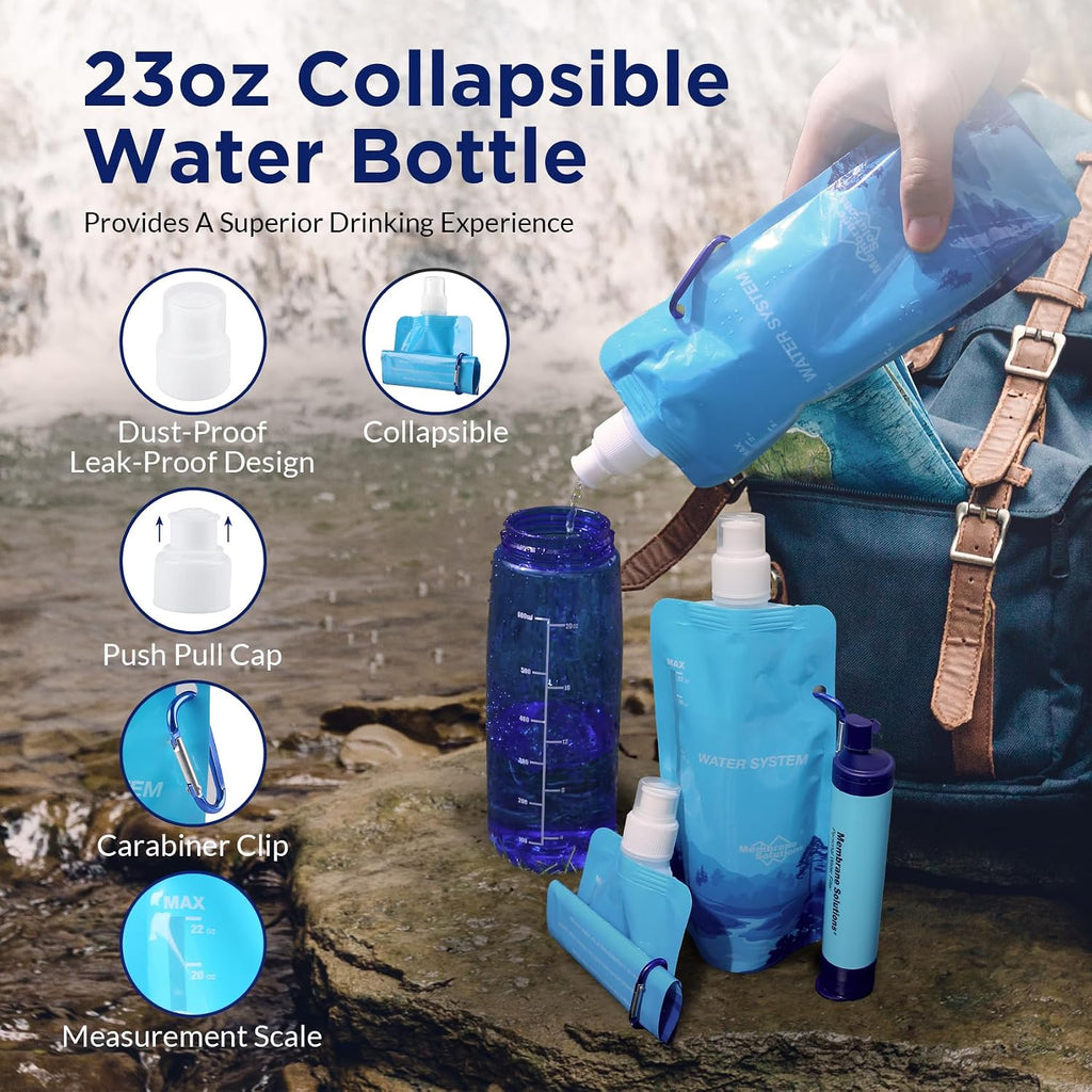 Squeezable Water Pouches with Water Filter Straw(1+2) | Survival Water Purifier Kit, Portable Water Purifier for
