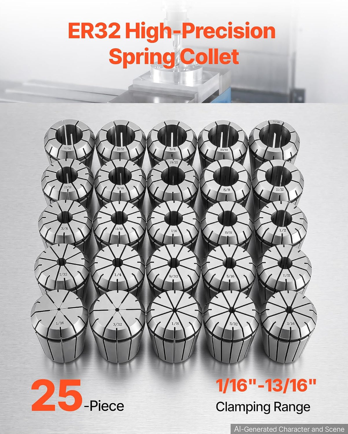 VEVOR ER32 Collet Set 1/16"-13/16" 25 Piece ER32 Spring Collet Chuck Set