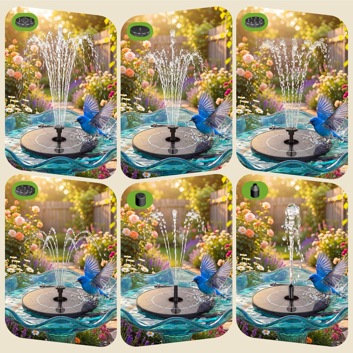 Solar Bird Bath Fountain with 6 Nozzles & DIY Separated Design