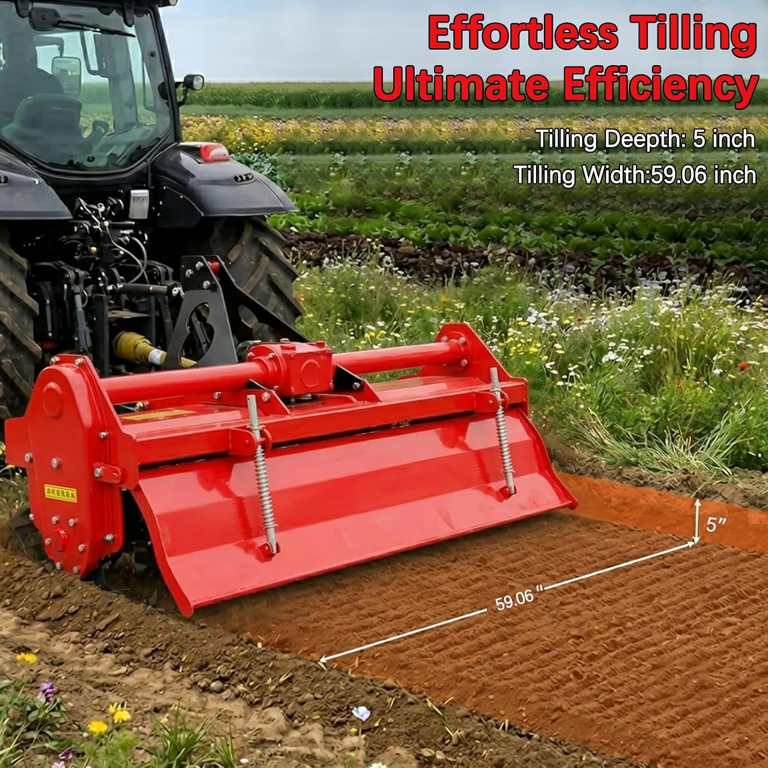 59'' 3 Point Hitch Rotary Tiller for 25-30HP Tractor, Cat 1 Cultivator with 540 RPM PTO Drive, Word 5'' Deep, 32