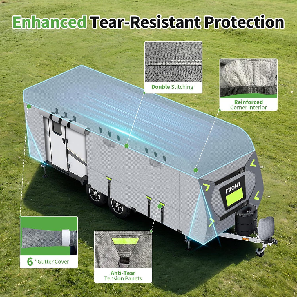 Heavy Duty 8 Layers RV Cover, Rip-Stop Camper Cover with Windproof Straps, Gutter & Tongue Jack Covers, Utility