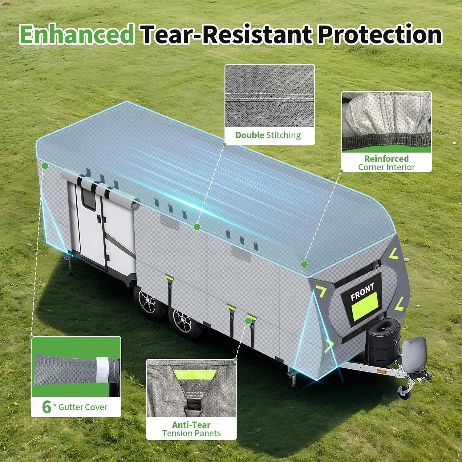 Heavy Duty 8 Layers RV Cover, Rip-Stop Camper Cover with Windproof Straps, Gutter & Tongue Jack Covers, Utility