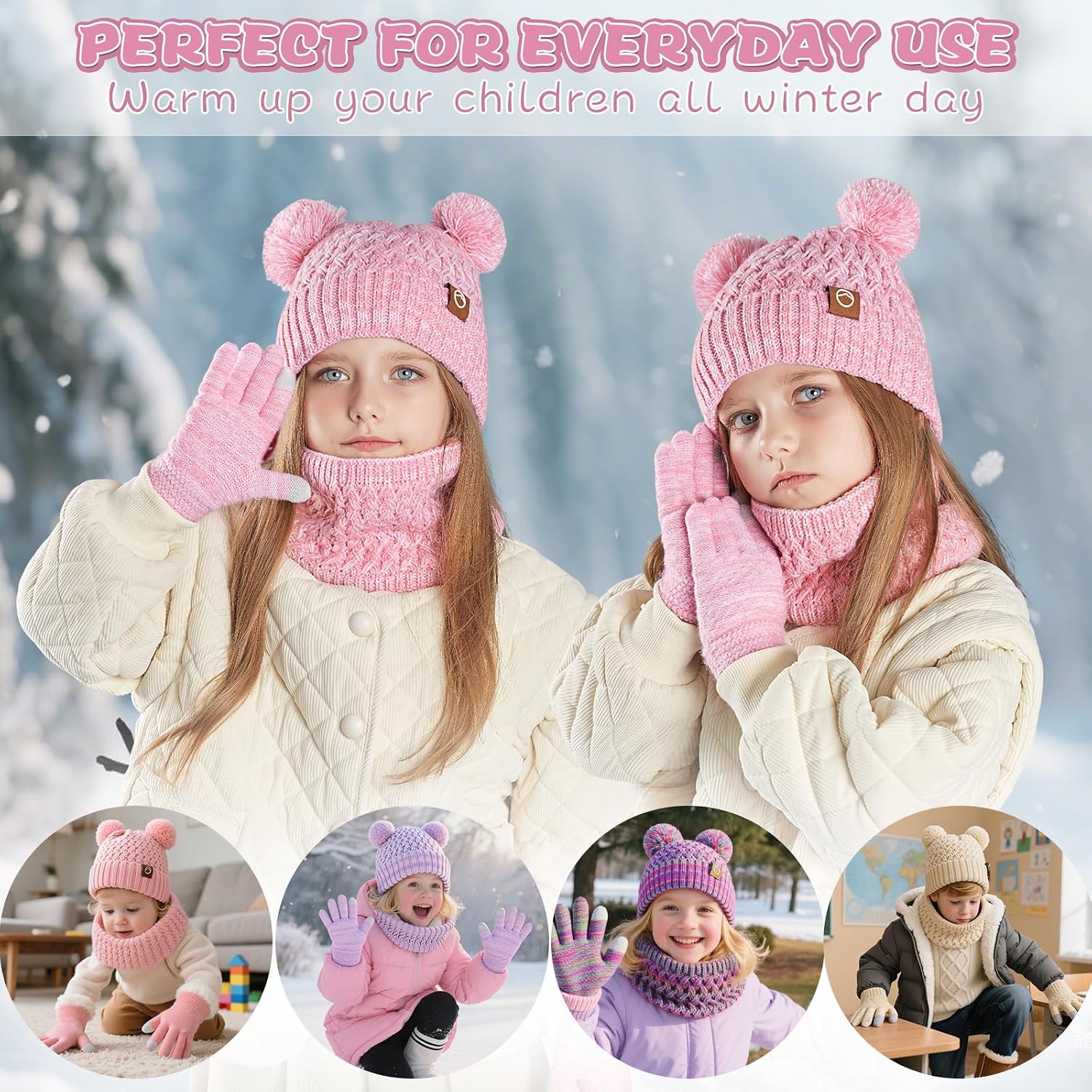 Kids Winter Hat Gloves Scarf Set,Toddler Girls Winter Hat Kids Beanie with Pom Neck Warmer Gaiter Mittens Fleece