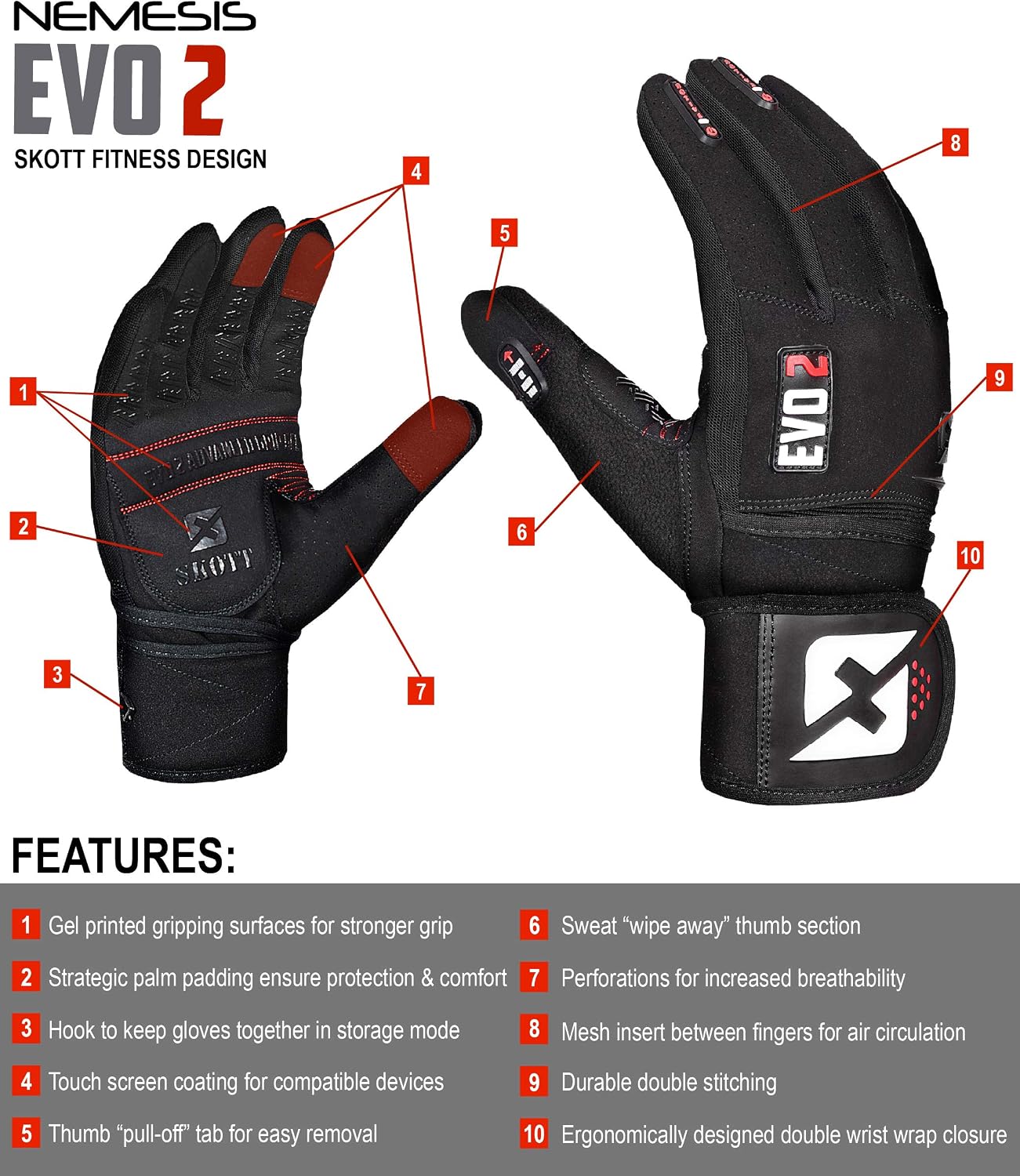 Evo 2 Weightlifting Gloves with Integrated Wrist Wrap Support-Double Stitching for Extra Durability-Get Ripped with