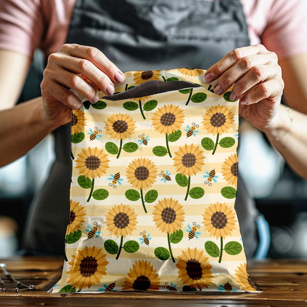 Sunflowers & Bees Designer Poly Mailers - 50 Packs 12"x15" - Ideal Waterproof Self-Sealing Polymailers