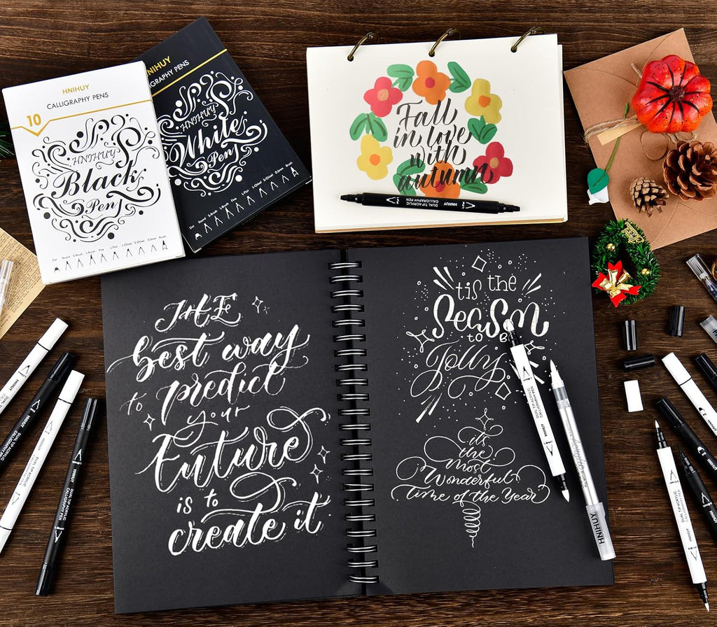Dual Tip Black Acrylic Calligraphy Pens, 10 Size Calligraphy markes for Writing, Hand Lettering Pen for Art Drawing