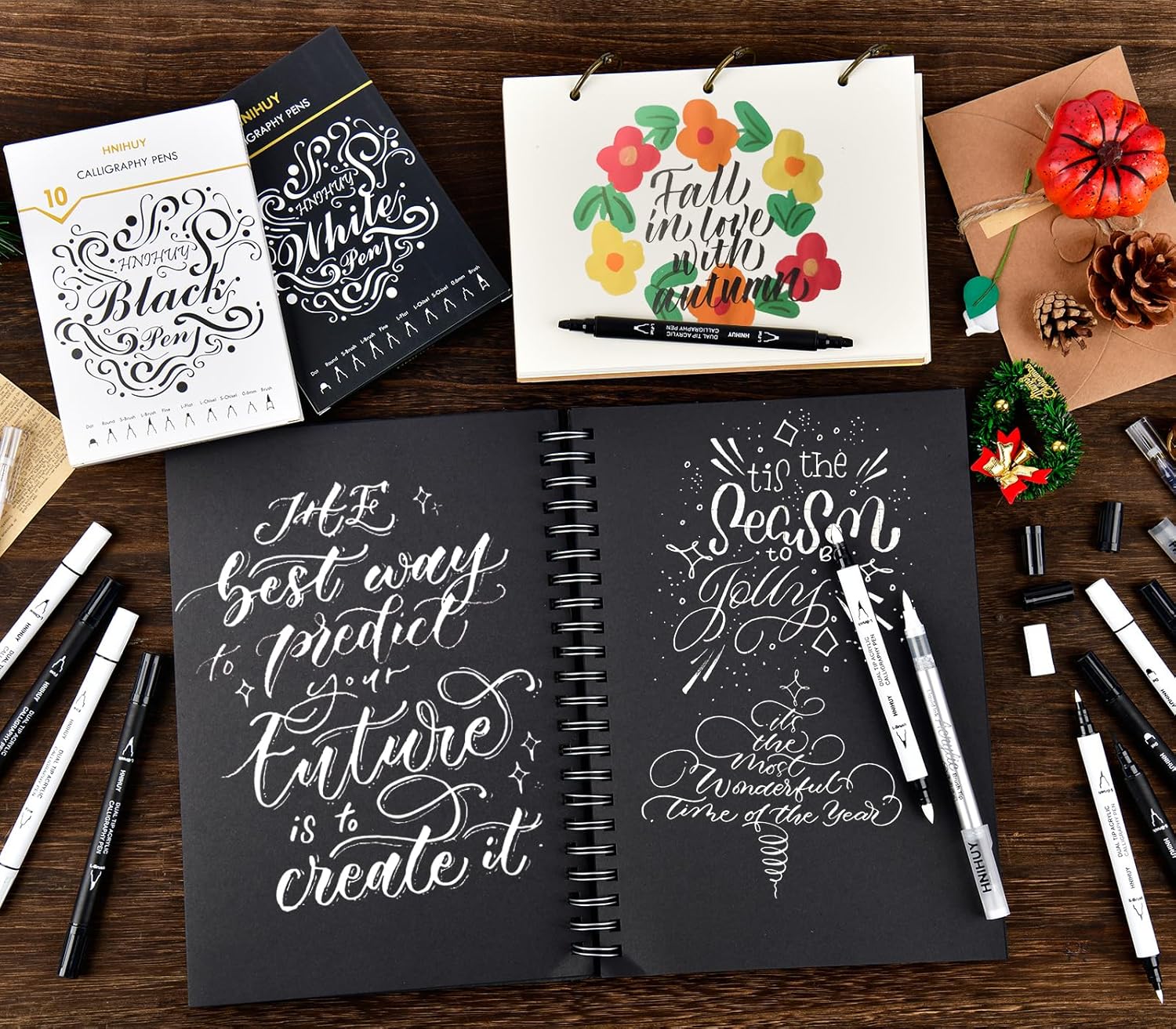 Dual Tip Black Acrylic Calligraphy Pens, 10 Size Calligraphy markes for Writing, Hand Lettering Pen for Art Drawing