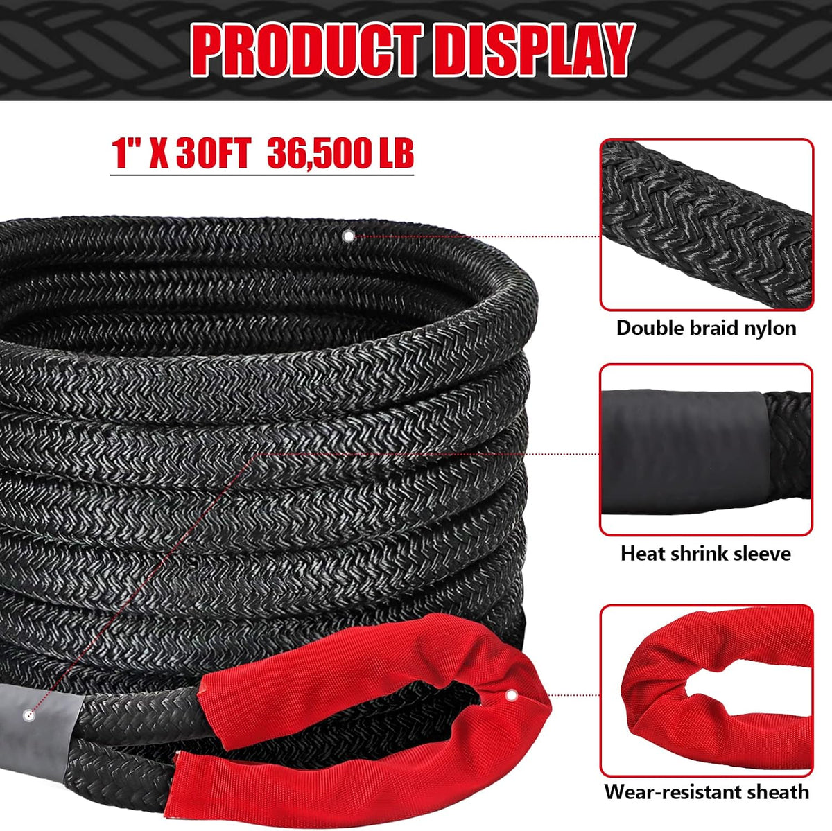Kinetic Recovery Rope 56,000lbs with 2 D-Rings, Tow Ropes for Trucks Pickup
