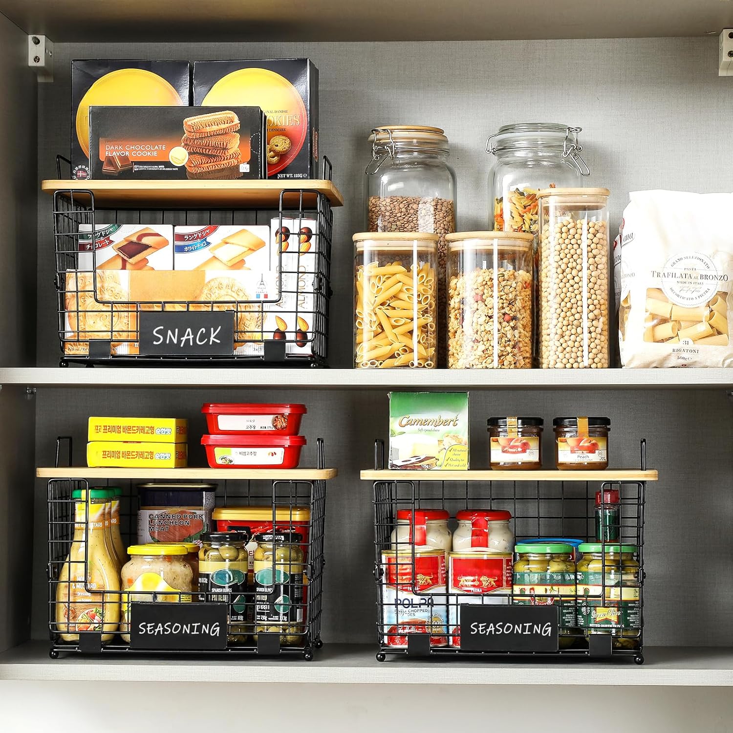 2 Set XL Stackable Wire Basket with Bamboo Tops & Tags- Pantry Organizer and Storage Bins, Kitchen Counter Cabinet