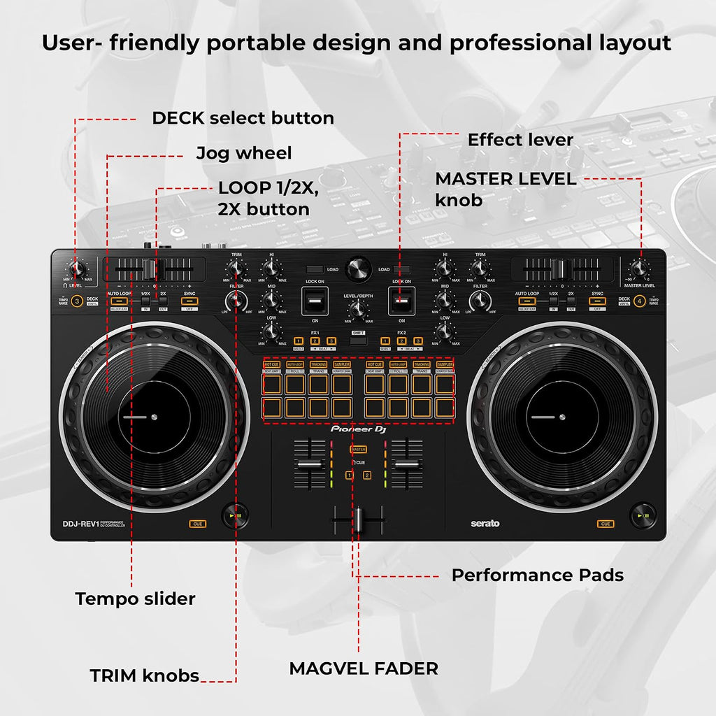 DJ DDJ-REV1 Scratch-Style 2-Channel DJ Controller for Serato DJ Lite - Black Bundle with Laptop Stand, Headphones