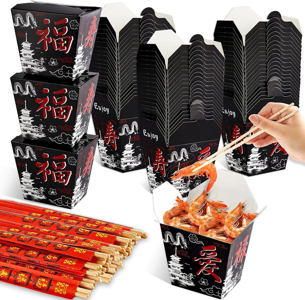 25 Sets Black Chinese Take Out Food Boxes with Chopsticks