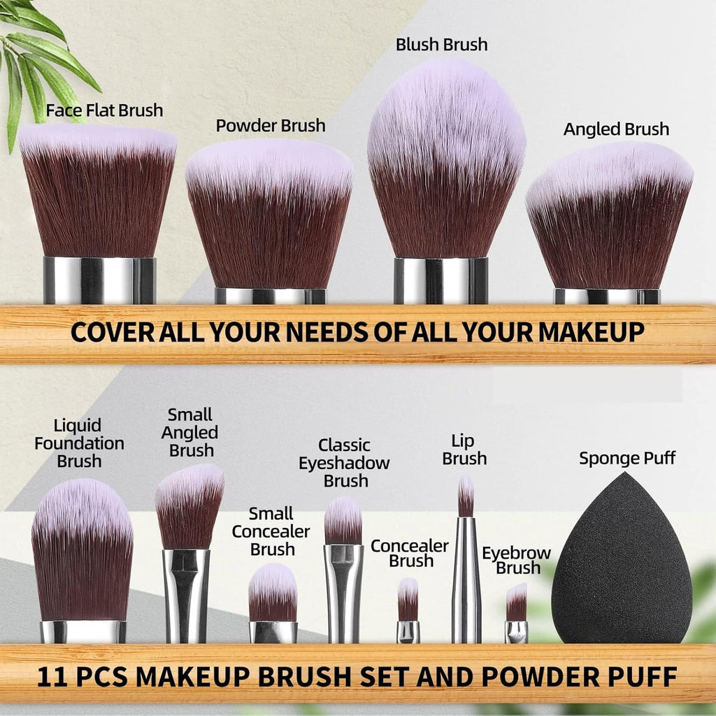 Makeup Brush Set 11 Pcs Makeup Sponge, Professional Bamboo Makeup Brushes for Foundation, Powder, Blush, Concealer