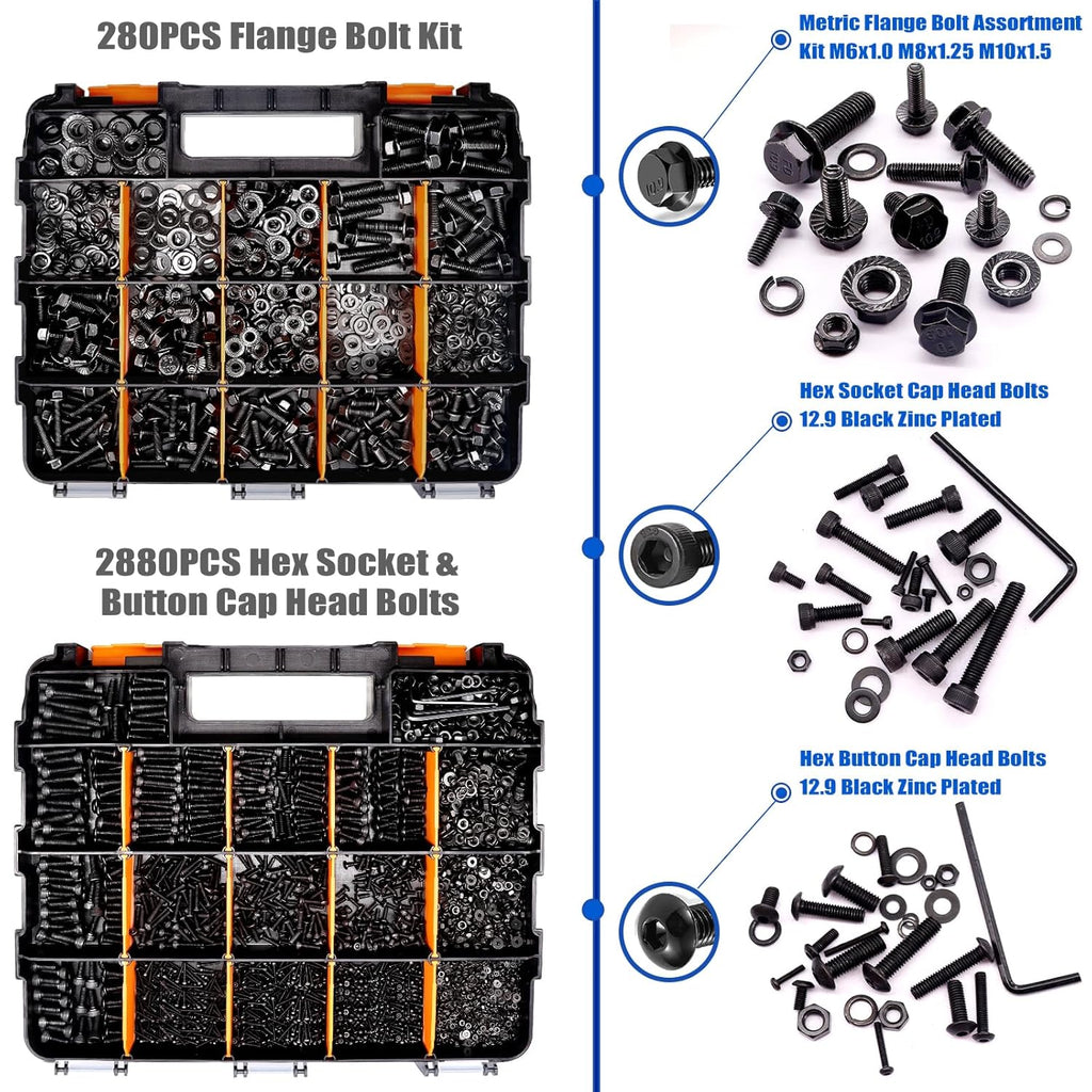 3160PCS Metric Flange Bolt Assortment Kit,Nuts and Bolts Assortment Kit M2 M3 M4 M5 M6x1.0 M8x1.25 M10x1.5