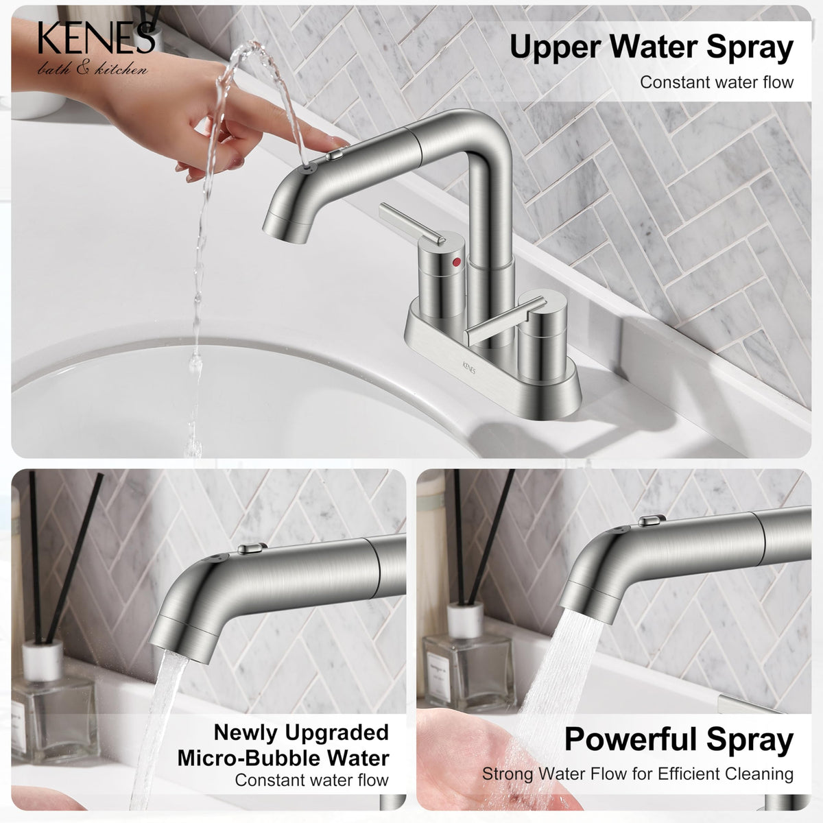 Brushed Nickel Pull Down Centerset Bathroom Faucet 2 Handle 3 Hole