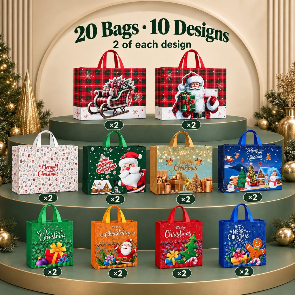 20 Pack Christmas Gift Bags Assorted Sizes with Handles, Non-Woven